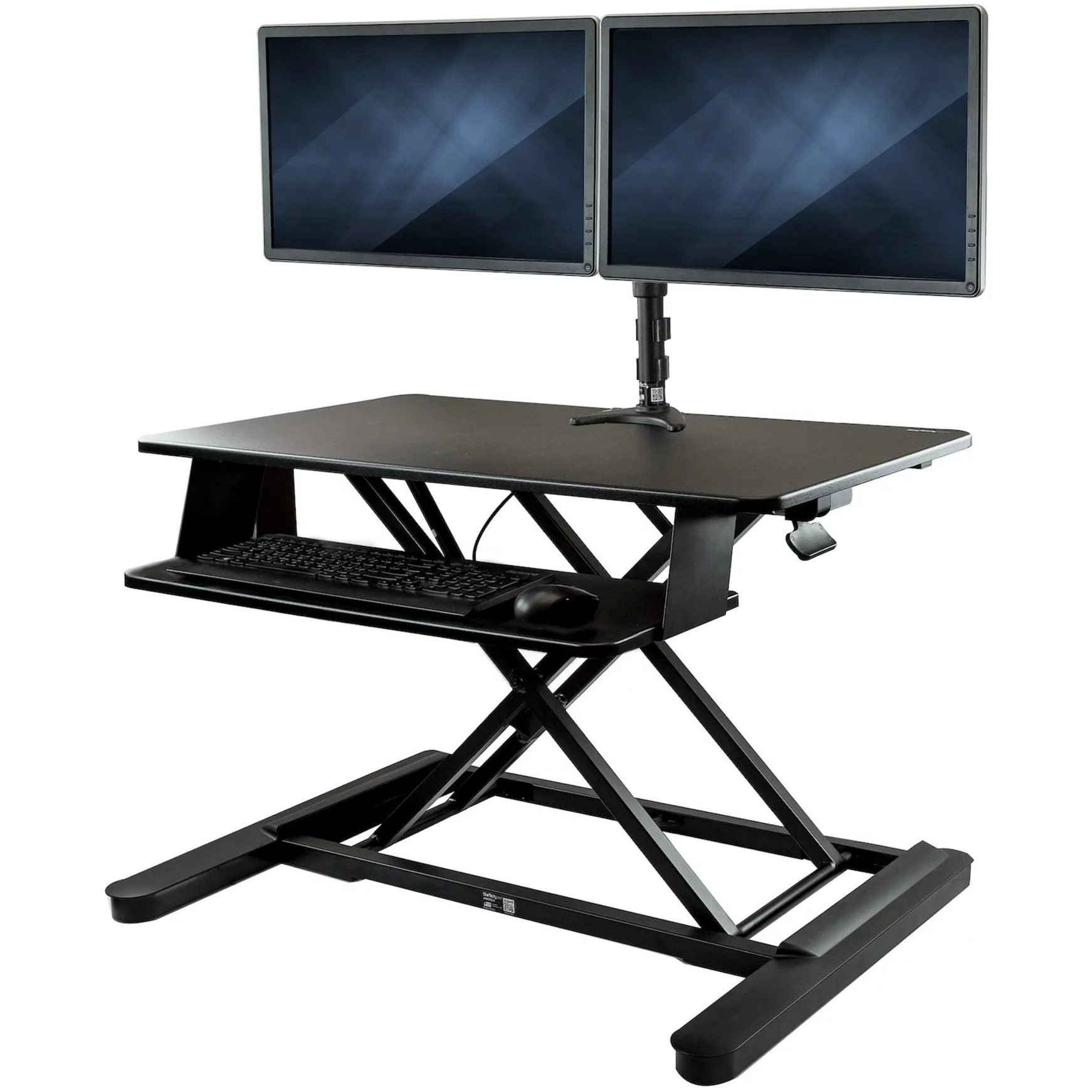 StarTech.com Dual Monitor Sit Stand Desk Converter, 35" Wide, Height Adjustable Standing Desk Solution -Dual Arms for up to 24" Monitors