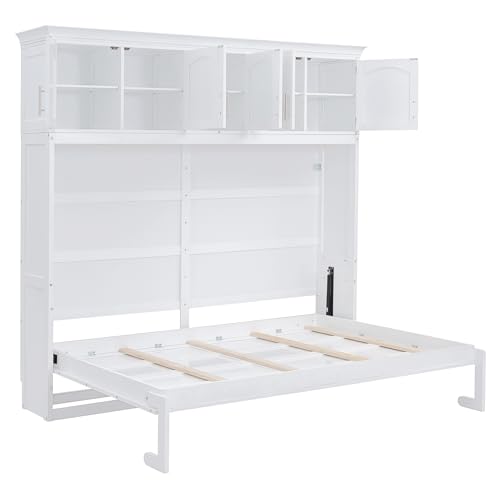 Horizontal Murphy Bed Full Size Hidden Murphy Bed with Storage Cabinet, Foldable Wall Bed for Bedroom Living Room Guest Room, White