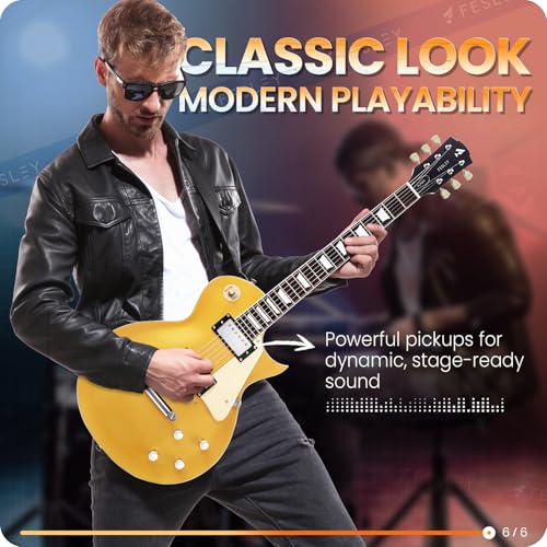 Fesley LP Electric Guitar with Arched Top:39" Solid Body Electric Guitars with Mahogany Body and Rosewood Fretboard,Electric Guitar with Humbucker Pickups, Guitarra Eléctrica with Alice String,Gold