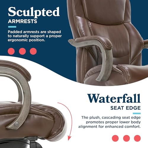 La-Z-Boy Delano Big & Tall Executive Office Chair, Ergonomic Mid-Back Body Pillow Lumbar Support, ComfortCore Memory Foam Cushion, Mahogany Wood Arms & Swivel Base, Bonded Leather, Chestnut Brown