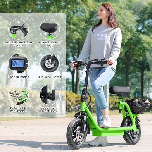 Caroma Peak 800W/1200W Electric Scooter Adults, 30 Miles Max Range, Foldable Electric Scooter with Seat, Front Suspension, Detachable Large Basket,Commuter E-Scooter for Adult and Teens