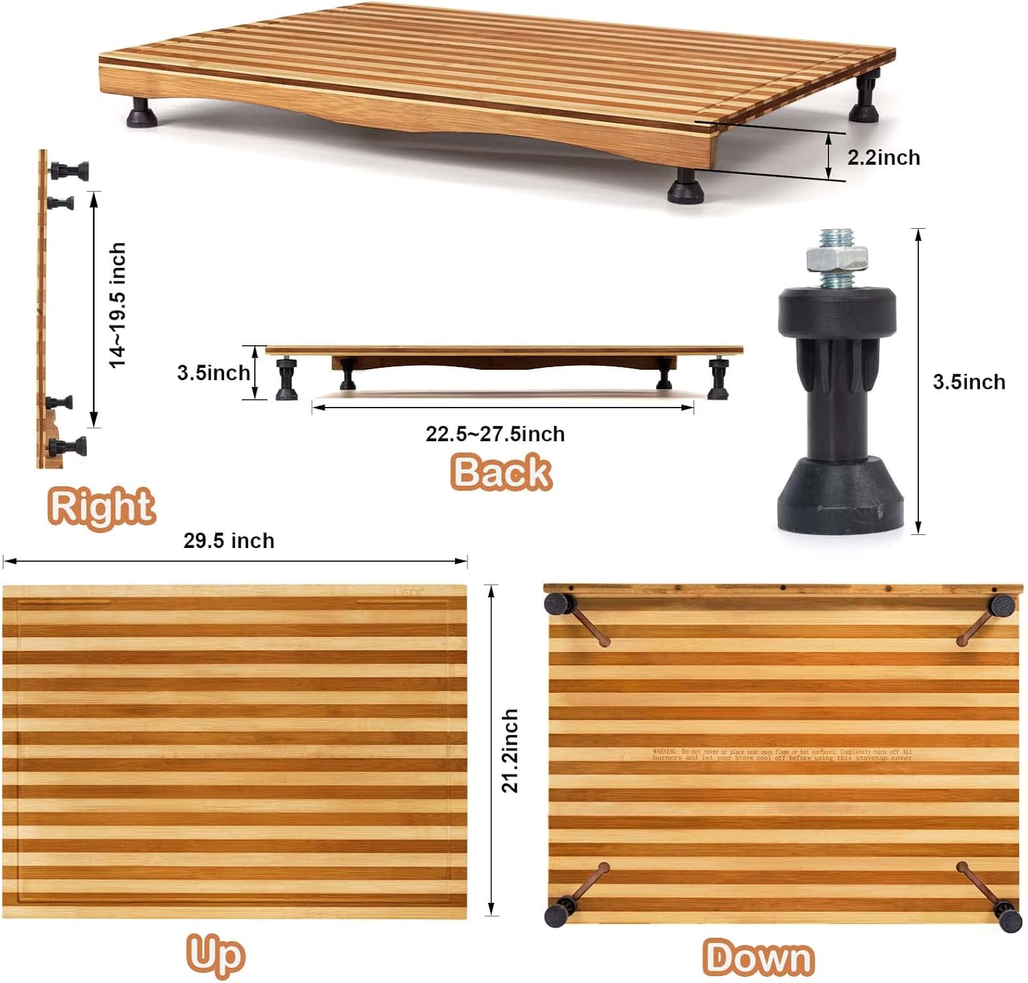 Bamboo Stovetop Cover&Countertop Cutting Board with Adjustable Legs, Dual-purpose Chopping Board for Electric Stove Burner, Workspace Block Cover for RV Camping Camper Gas Cook Top Cover