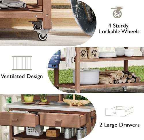 Outdoor Wooden Potting Bench Table – Farmhouse Garden Workstation with Drawers, Cabinet & Storage Shelves, Large Fir Wood Work Table for Patio, Backyard, Mudroom, Greenhouse (Light Brown, 66''H)