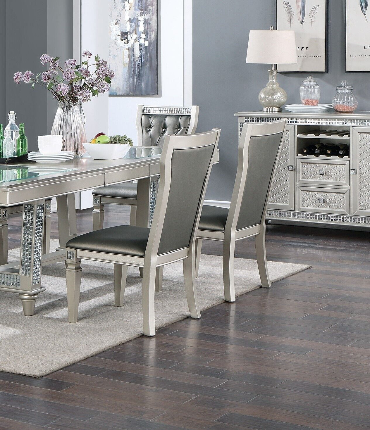 Esofastore Silver Hues Grey Finish 7pc Set Table w Glass Insert Top 6x Side Chairs Dining Room