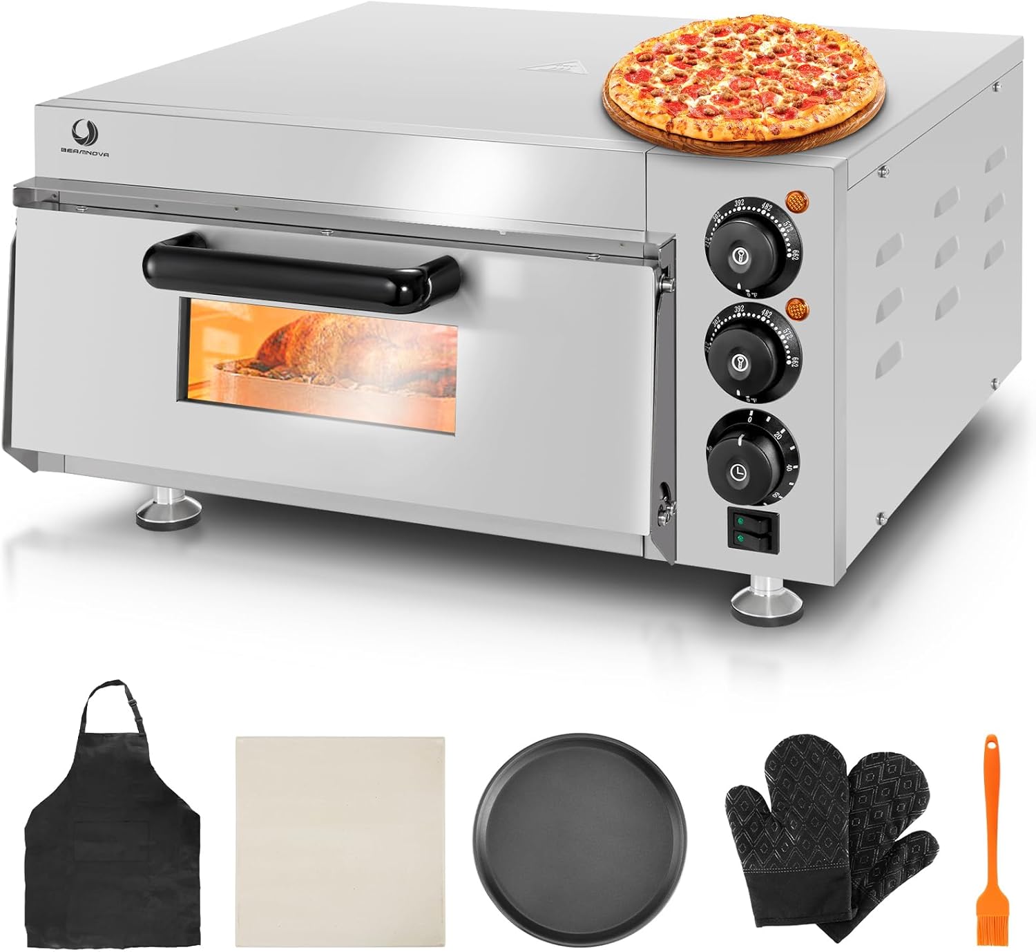 BEAMNOVA Electric Commercial Pizza Oven Countertop,1900W Adjustable Temperature Pizza Oven with 12 Inch Pizza Pan and Pizza Stone for Restaurant Home Pretzels Baked…