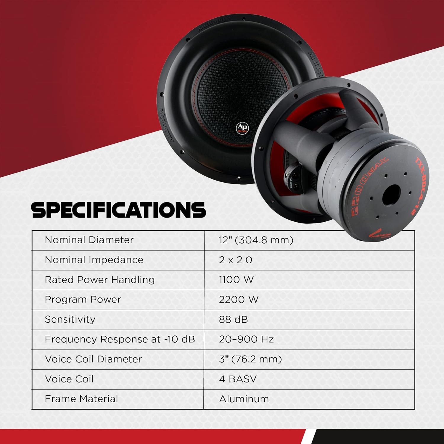 AudioPipe TXX-BDC4-12D 12 Inch 2,200 Watt High Performance Powerful Dual 2 Ohm DVC Vehicle Car Audio Subwoofer Speaker System, Black
