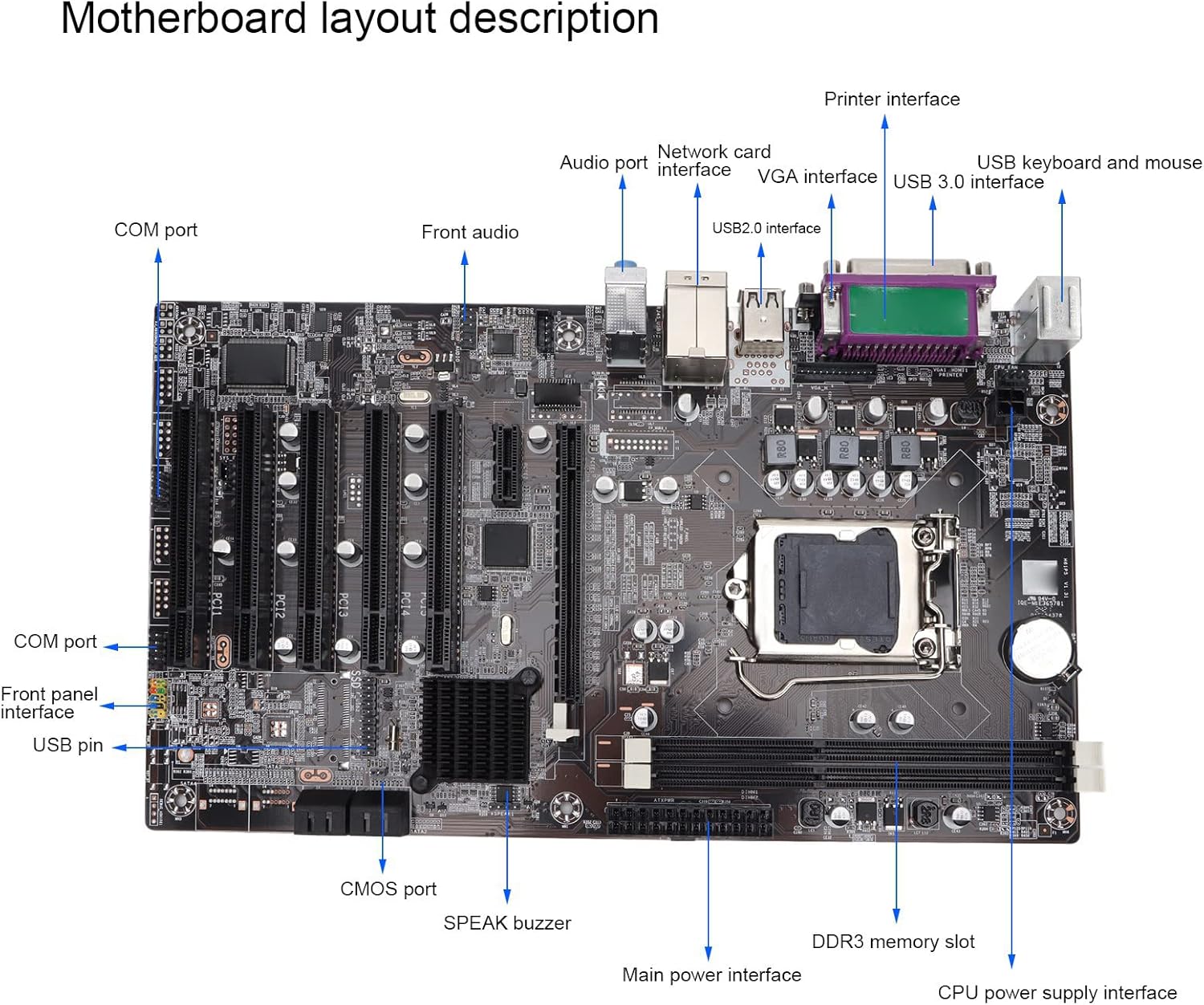 LGA 1155 Motherboard, Gaming Motherboard H61 with HDMI SATA2.0 USB2.0, 5 PCI Interfaces, PCIE 1X, Support VGA, LPT Port for Computer