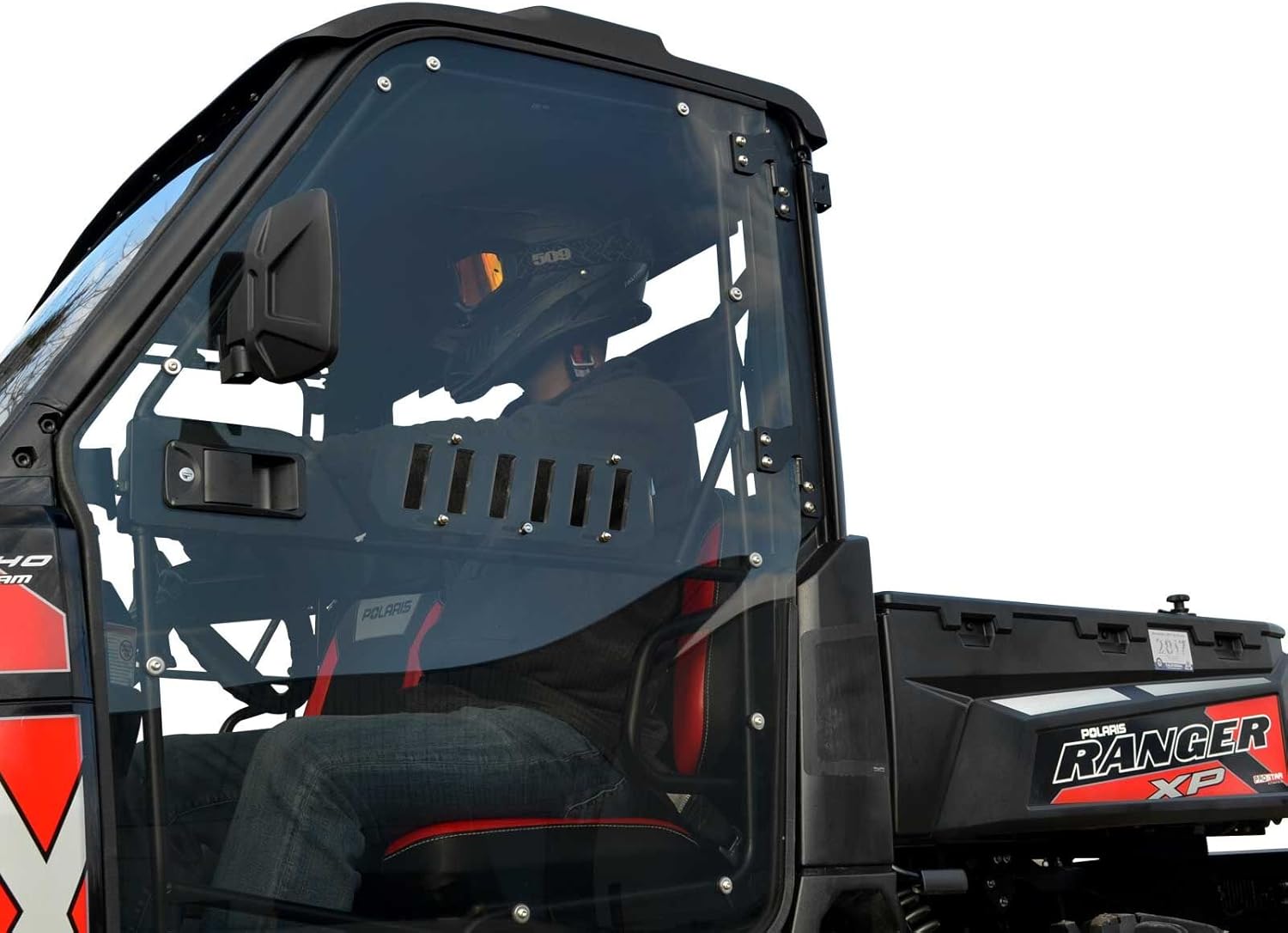 SuperATV Polaris Ranger Cab Enclosure Vented Doors (See Fitment) - Made of Lightly Tinted Scratch-Resistant 1/4 Thick Polycarbonate - Sliding Vents - Includes Bolt-On Side View Mirrors - Made in USA