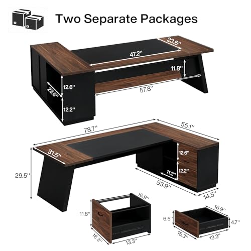 Tribesigns L-Shaped Executive Desk, 78" Modern Office Desk with Drawers and Lateral File Cabinet, Large Computer Desk with Storage Shelves, Workstation for Home Office (Walnut + Black)