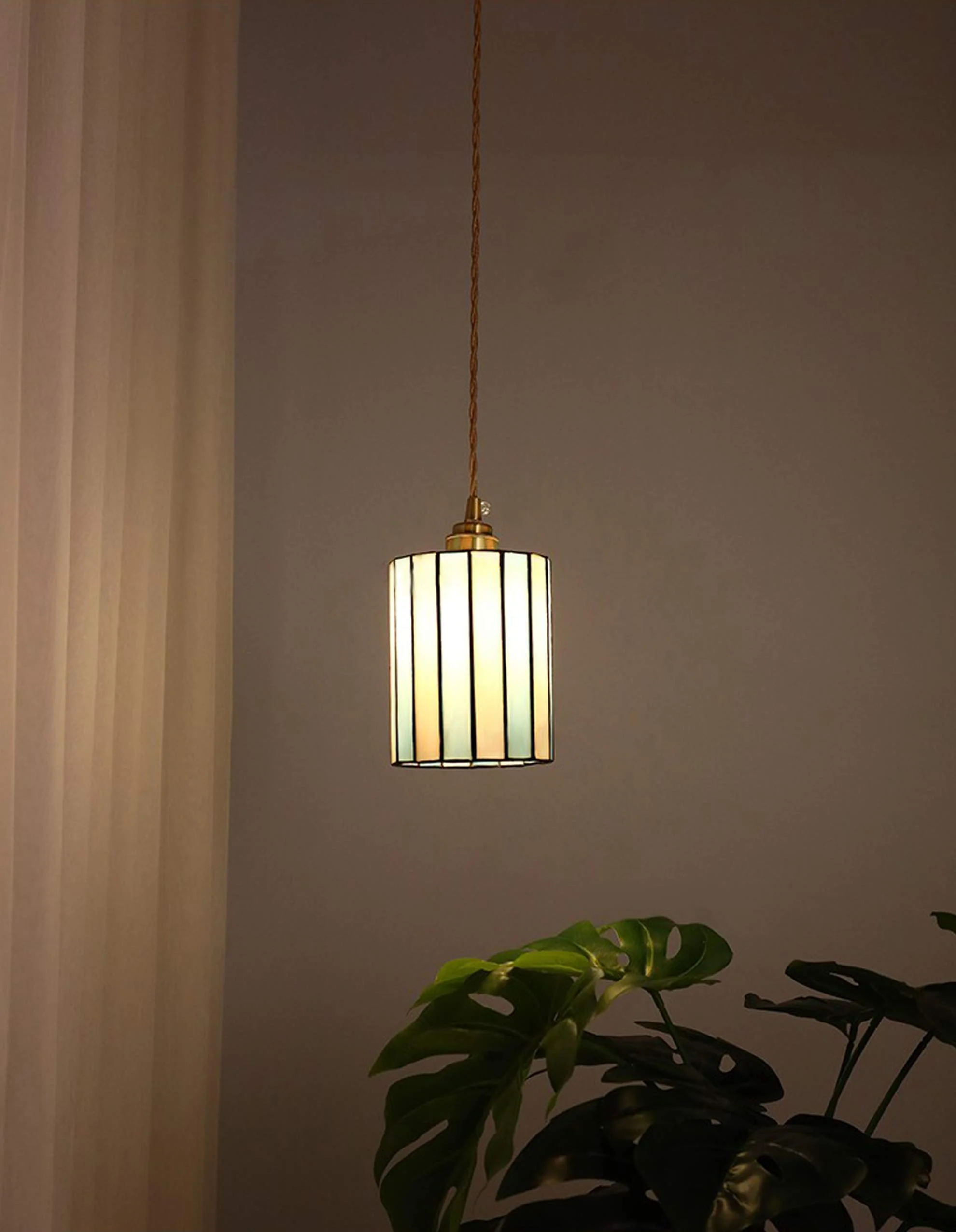 FSLiving Hanging Swag Lamp Pendant Light with 15ft Plug-in UL Dimmable Cord Brass Finished E26 Socket Tiffany Blue Streak Glass Lamp Nordic Industrial Hanging Lamp,Bulbs Not Included - 1 Pack