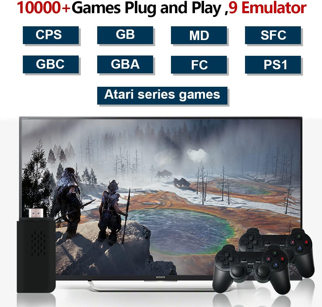 DOBEGIN Wireless Retro Game Console Stick Built in 10000+ Classic Games Plug and Play Video Games 4K HDMI Output for TV with 9 Emulators and PS2 Wireless Controller 2.4GHz Gift for Kids Adults Pack of 2