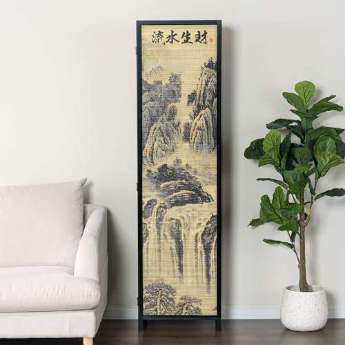 MyGift 4-Panel Folding Bamboo Room Divider Asian-Inspired Cherry Blossom Scene, 6 FT Freestanding Floral Artwork Room Partitioner with Beige Wood Frame