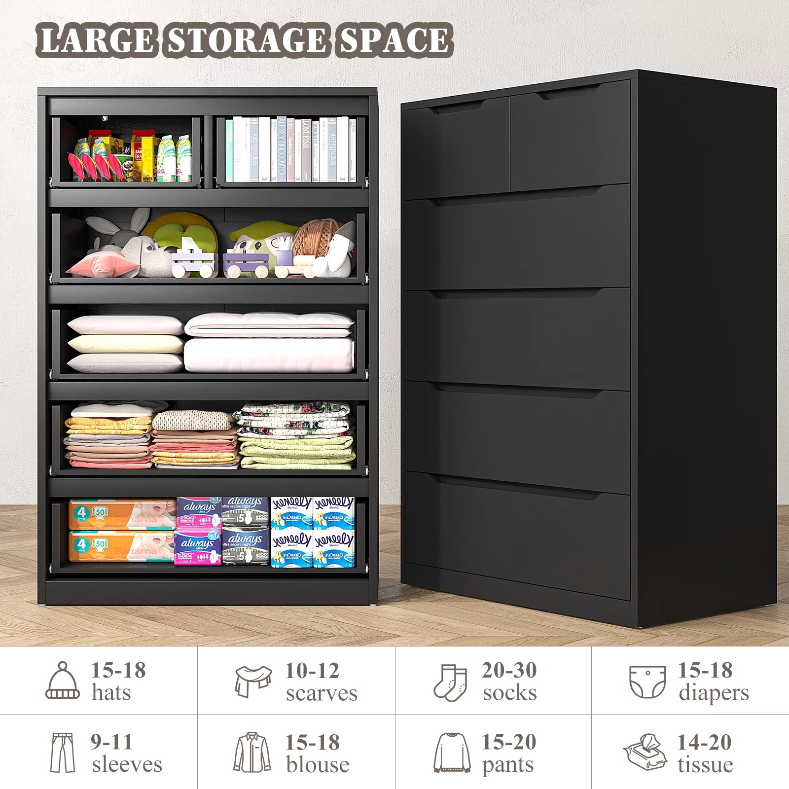 EnHomee Black Tall Dresser Wood 6 Drawer Dressers for Bedroom Wood Chest of Drawers with Smooth Metal Rail Large Dresser Modern Storage Cabinet for Home Office Living Room, 43.3"H x 27.5"L x 15.7"D