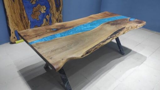 Customized Large Epoxy Table,Blue Live Edge with River Look, Resin Dining Table for 2, 4, 6, 8, Epoxy Coffee Table, Living Room Table, Home décor (28.5" Inches Tall, 48 x 24 Inches)