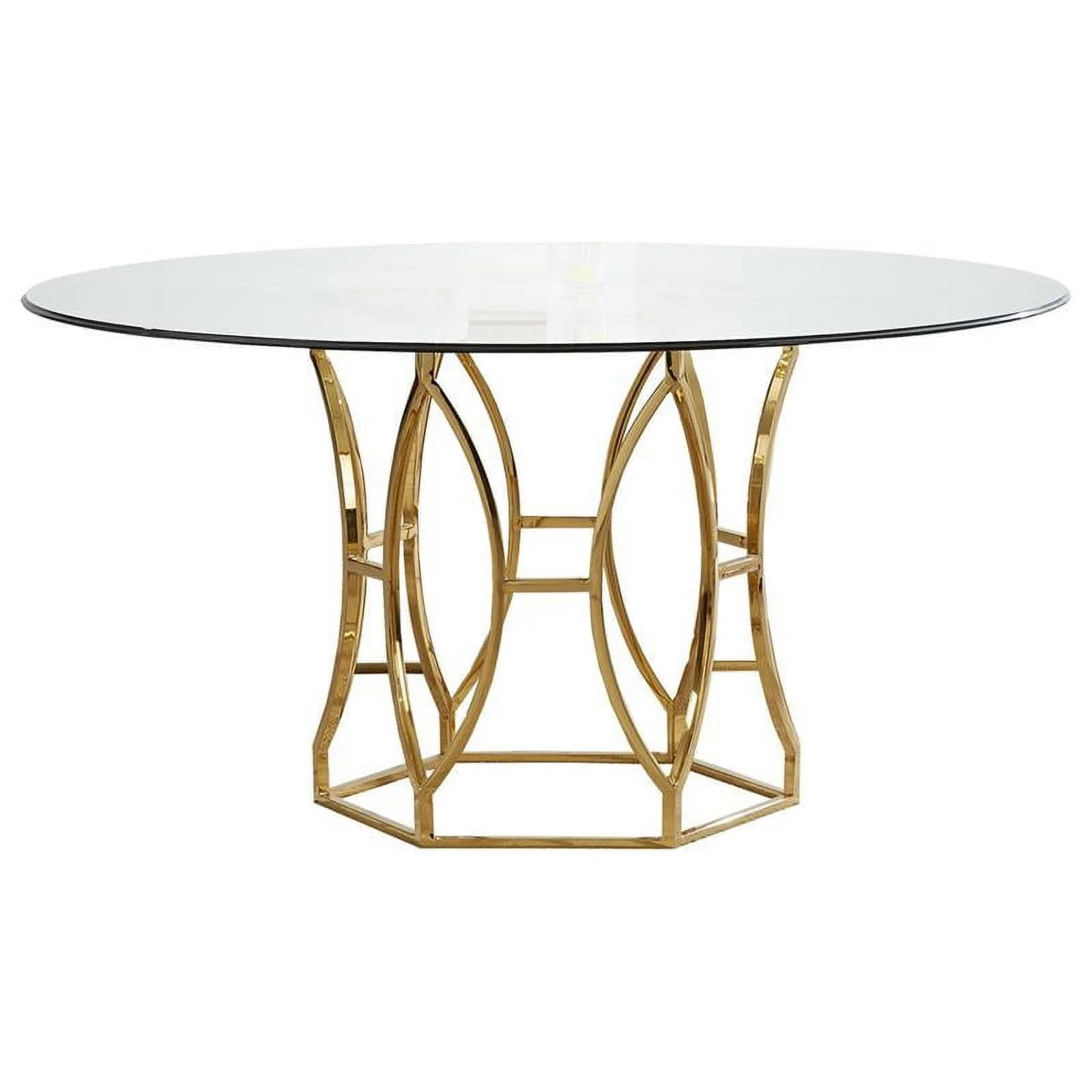 Pemberly Row 60" Stainless Steel and Glass Round Dining Table in Gold