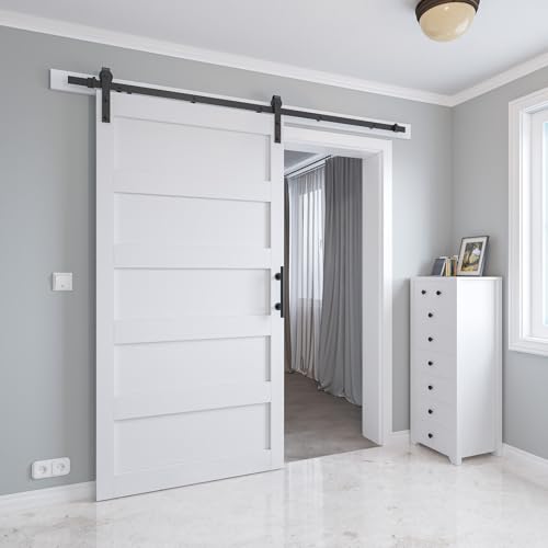 34in x 84in Sliding Barn Door with 6ft Barn Door Hardware Kit & Handle, Pre-Drilled Holes Easy Assembly -Solid Barn Door Slab Covered with Water-Proof PVC Surface, White, 5 Panel