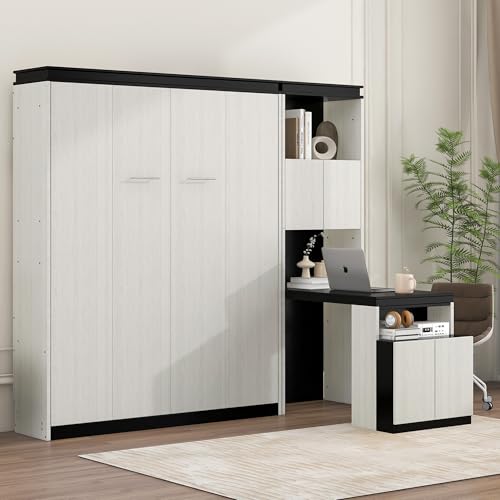 MERITLINE Full Murphy Bed with Desk & Storage Bookcase Shelves, White Wood Murphy Bed Cabinet Folding Wall Unit