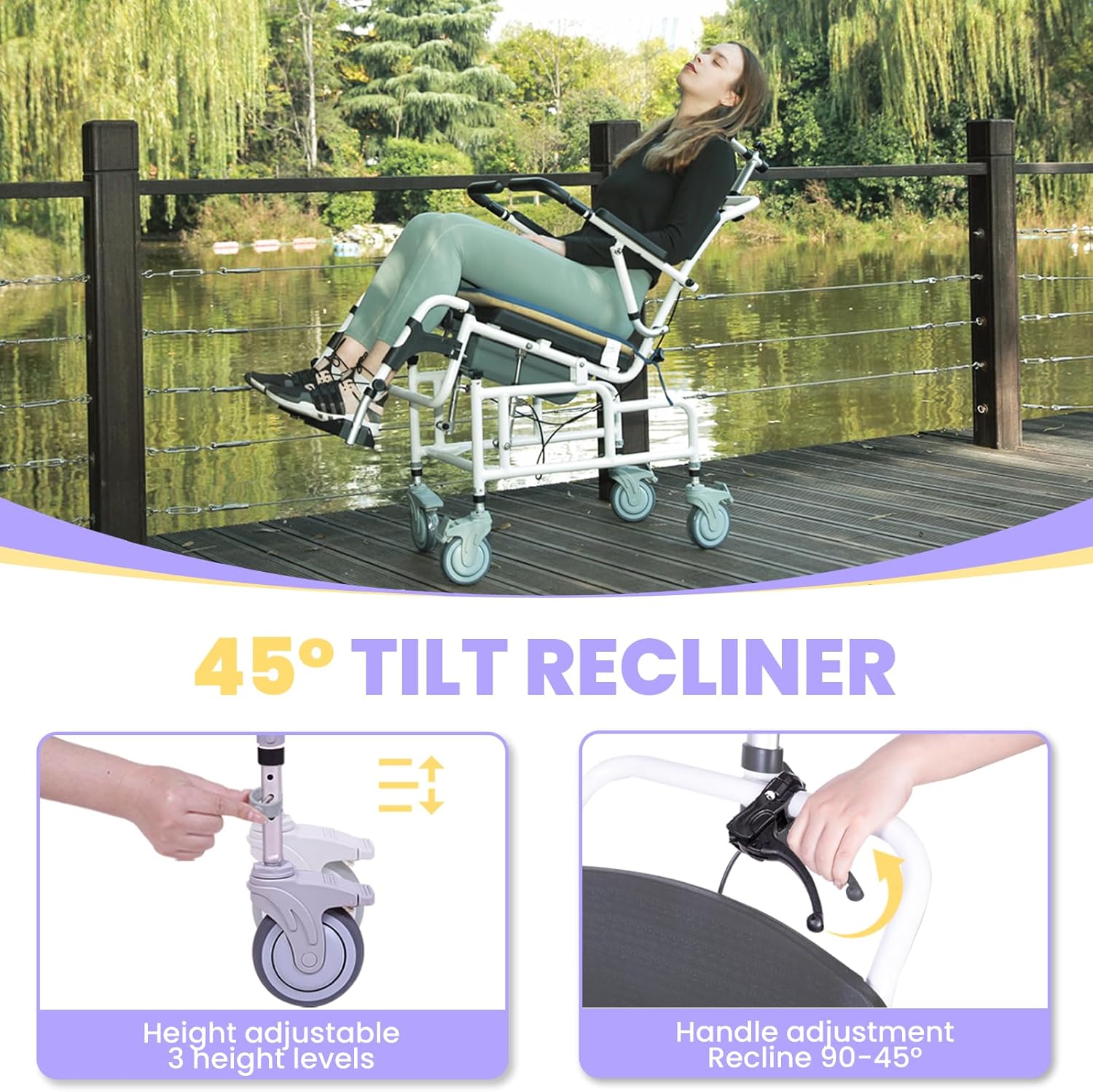 Reclining Shower Chair, Medical Shower Chair with Arms and Back Hospital Toilet Chair, Potty Chair for Adults Bathroom Wheelchairs with Soft Seat Cushions and Safety Belts