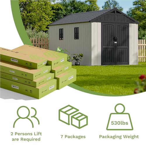 Patiowell 8 x 12 FT Plastic Outdoor Storage Shed with Floor, Resin Shed with Window and Lockable Door for Garden, Backyard, Tool Storage Use, Easy to Install in Beige (Kick-it Shed)