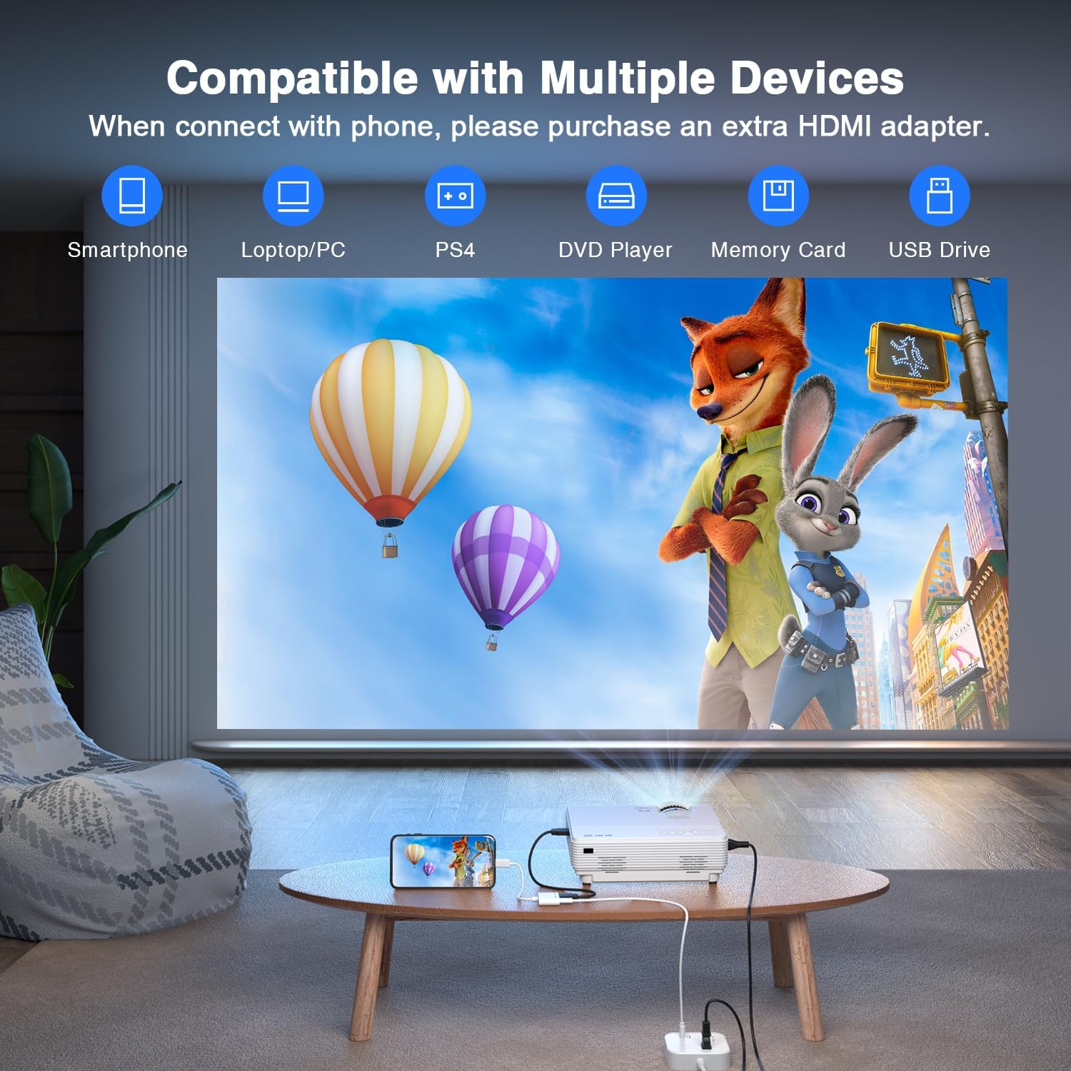 AuKing Mini Projector, 2024 Upgraded Full HD 1080P Video Projector,Portable Outdoor Movie Projector, Compatible with HDMI/USB/VGA/AV/Smartphone/TV Box/Laptop
