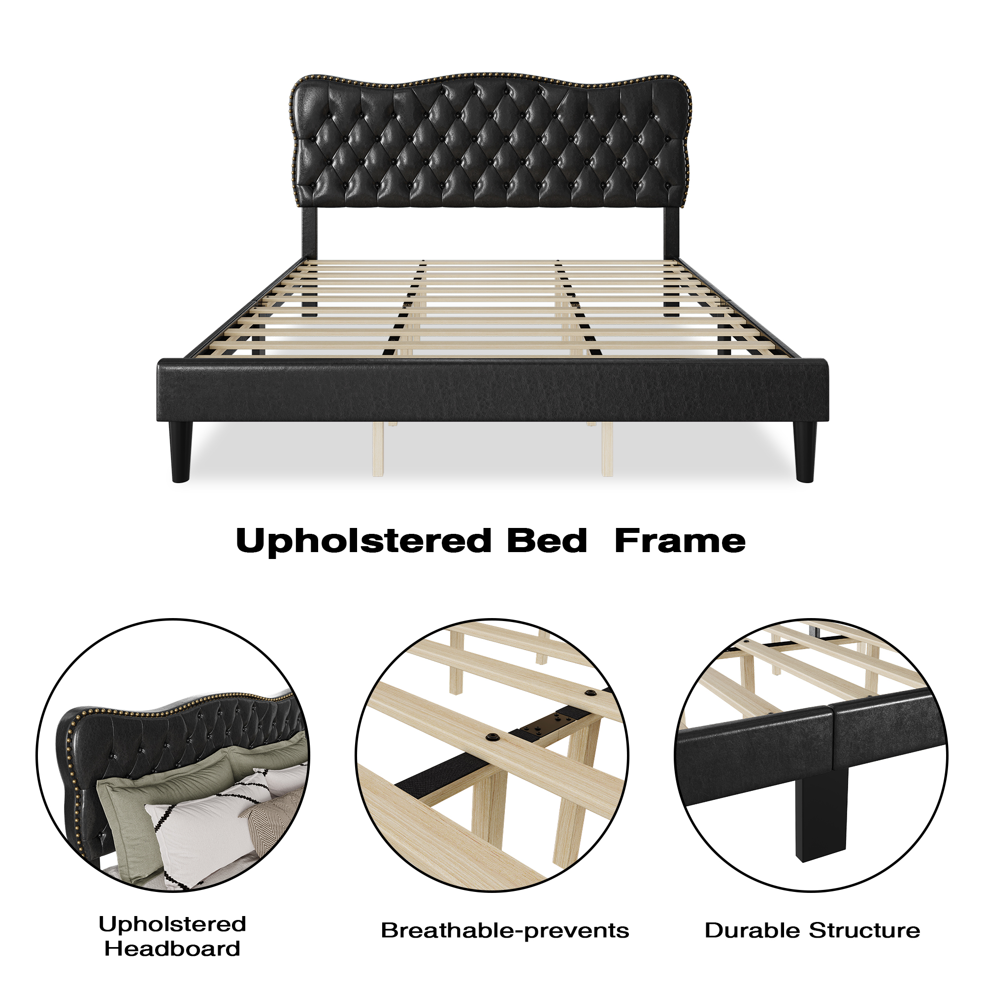 WhizMax Easy Assembly Faux Leather King Size Bed Frame with Durable Structure, Platform Design, and No Box Spring Needed in Black