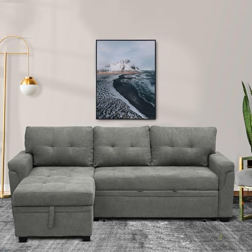 Naomi Home Jenny Sectional Sofa Sleeper with Storage Chaise, Tufted Pull Out Couch with Storage, L-Shaped Reversible Sleeper Sofa with Storage, Black,Air Leather