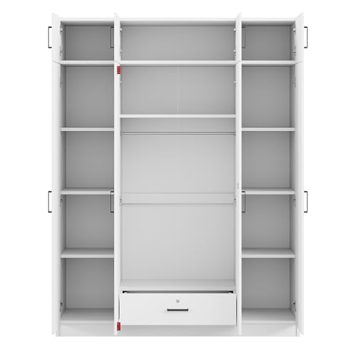 Modern Storage Wardrobe with Hanging Rods and 2 Drawers, Wood Clothes Storage Cabinet Organizer with Sliding Door and Open Shelves, Freestanding Wardrobe Cabinet for Small Spaces, Guest Room
