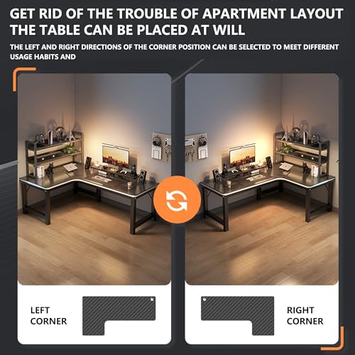 L-Shaped Gaming Desk with Storage, Large Wood Desk for Home Office and Gaming, Space-Saving Corner Computer Table with Multiple Shelves and Steel Frame, Ideal for Bedroom(Left,63.0*47.2*29.5in