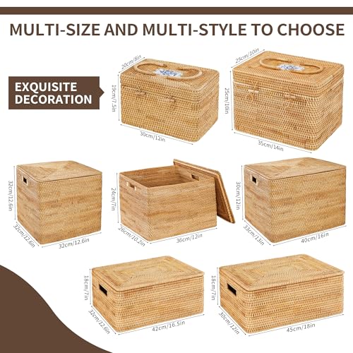 Rattan Basket With Lid,Large Storage Basket Lidded,Rattan Box For Shelf (16" L×13"W×12"H)