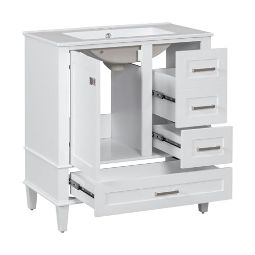 Harper & Bright Designs 30" Bathroom Vanity with Sink, Free Standing Single Basin Vanity Set with a Soft Closing Door and 3 Drawers, Solid Wood Bathroom Cabinet with Ceramic Basin for Bathroom, Green