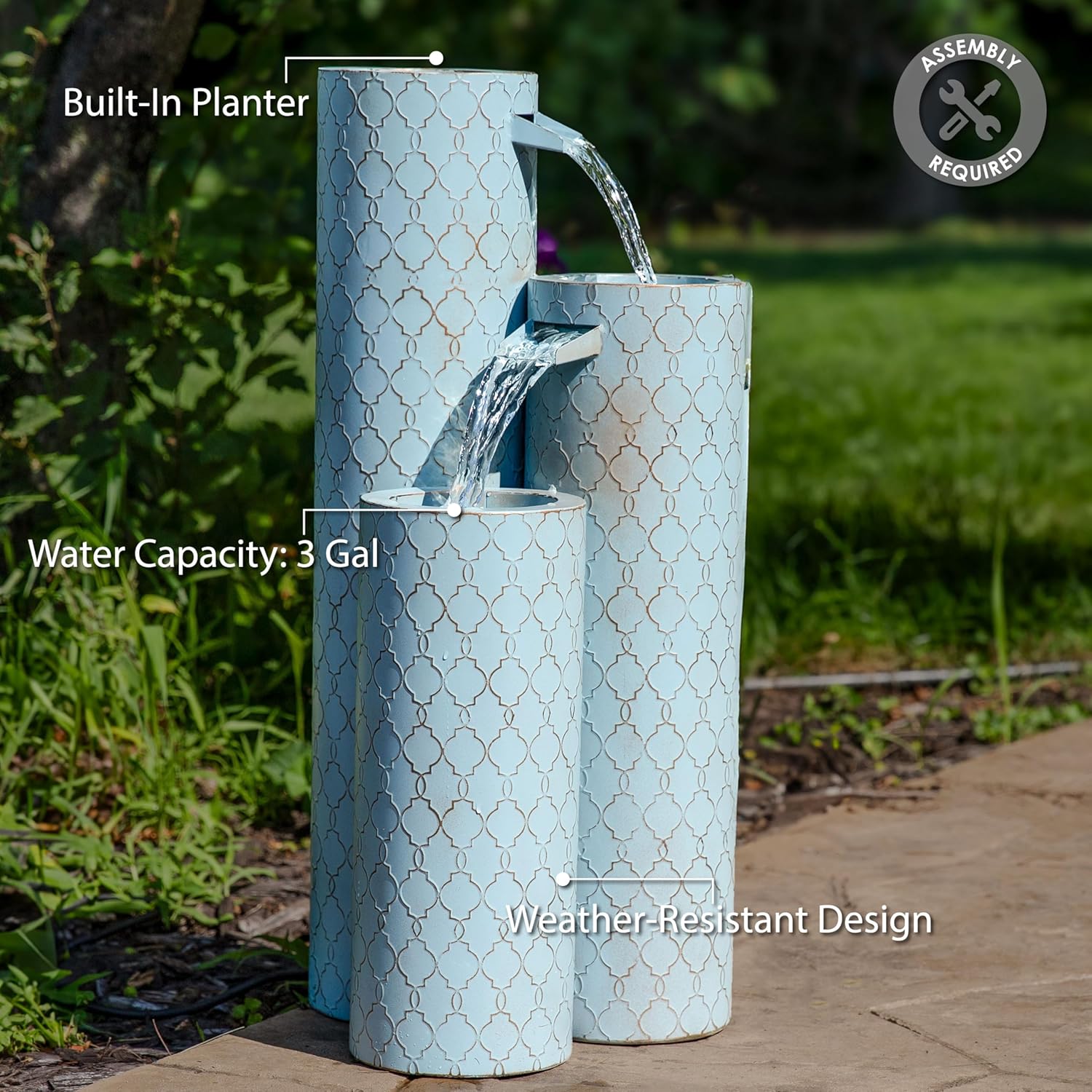 Sunnydaze Moroccan Trellis 3-Column Modern Outdoor Water Fountain - Zinc Cascading Outdoor Fountain - 27.5-Inch