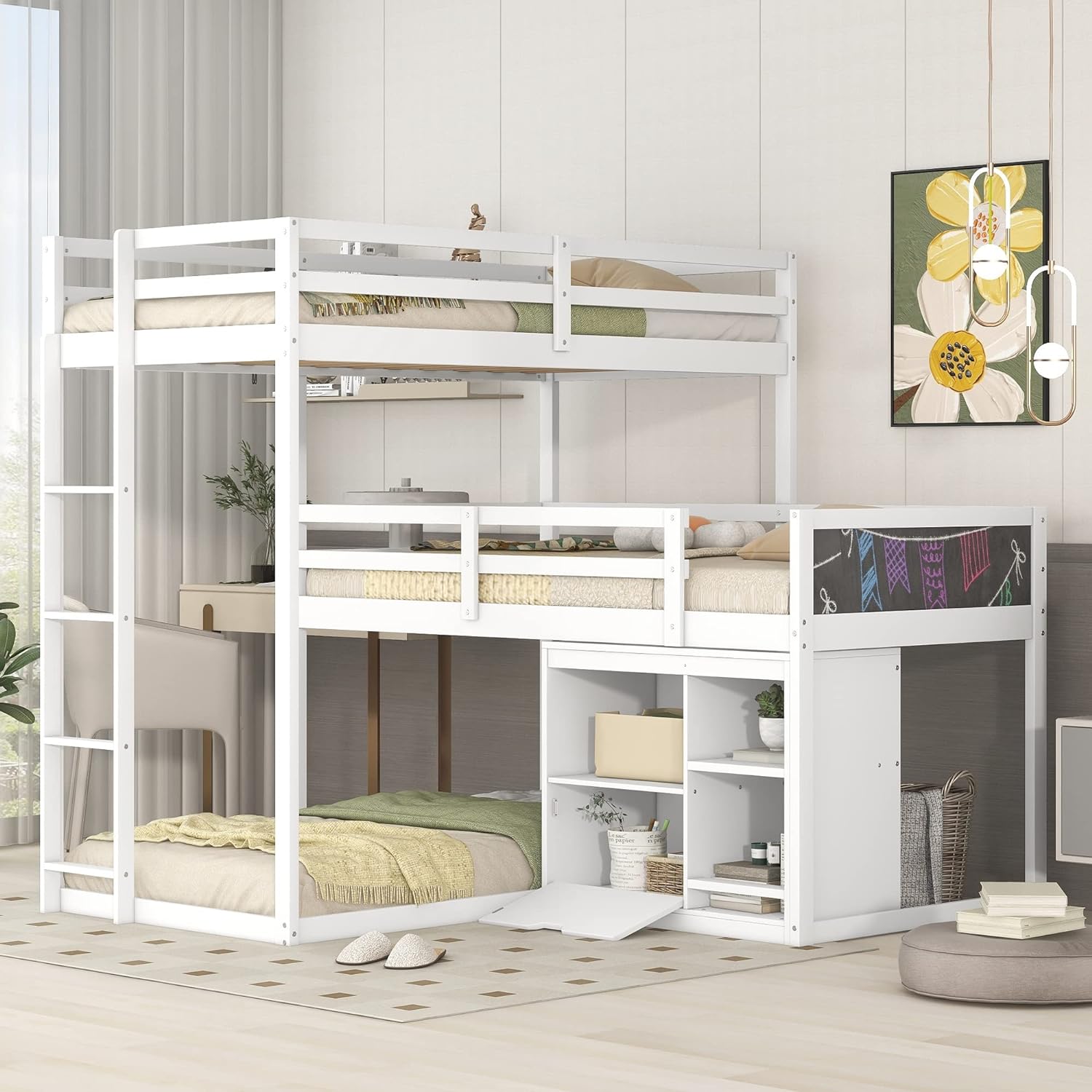 Size Triple Bunk Beds L-Shaped Bunk Beds With Cabinet, Blackboard And Ladder, 3 Bed In 1 Triple Bed Soli Wood Triple Bed For Kids And Teens (White)