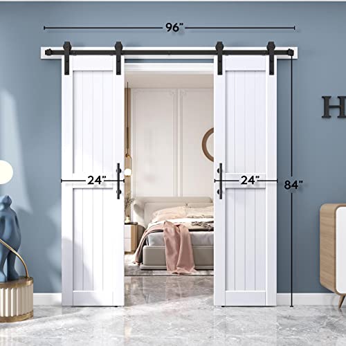 EaseLife 54 x 84 inch White Barn Door with 9FT Sliding Door Hardware Kit Included & Handle,Solid Wood Covered with Waterproof PVC Surface,DIY Assemblely,Easy Install,H-Frame,Fit 50-52in Wide Opening