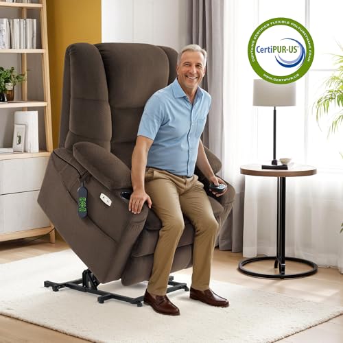 MCombo Large Triple Motor Power Lift Recliner Chair with Massage and Dual Heating, Adjustable Headrest for Tall Elderly People, Fabric 7634 (Grey, Large)