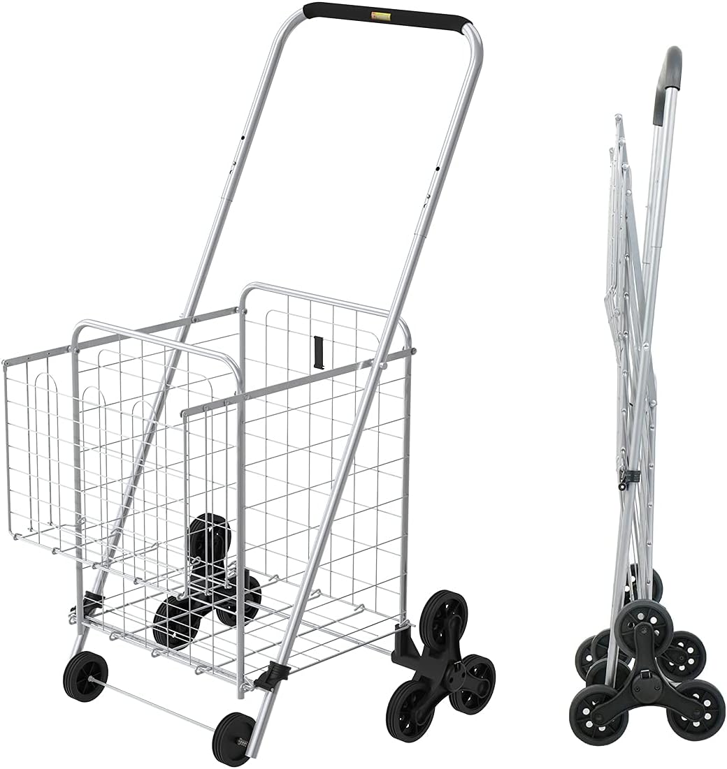 Supenice Grocery Shopping Cart with Wheels Deluxe Stair Climber Utility Cart Easily Collapsible Cart with Tri-Wheels, 66 LBS Capacity, Extended Foam Cover, Trolley for Shopping, Stair, Laundry