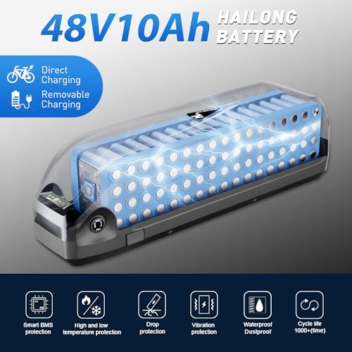 48V 10Ah/13Ah Ebike Battery, Lithium Ion Battery Pack for 0-1500W Motor, USB Output Electric Bike Battery with Charger&Base, E-bike Battery Replacement