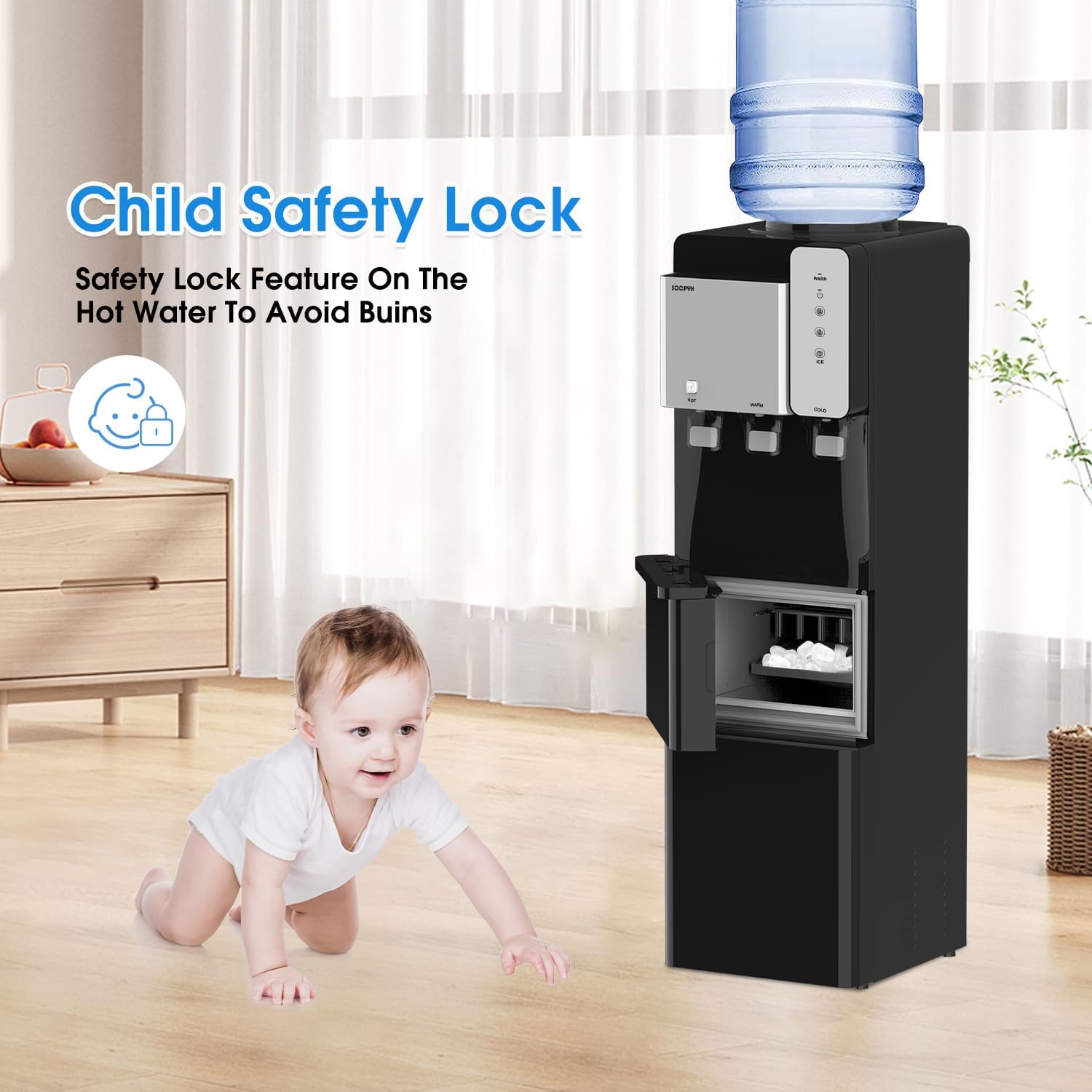Hot and Cold Water Cooler Dispenser with Ice Maker 5 Gallon Bottle Top Load Built-in Ice Maker Perfect for Home Office