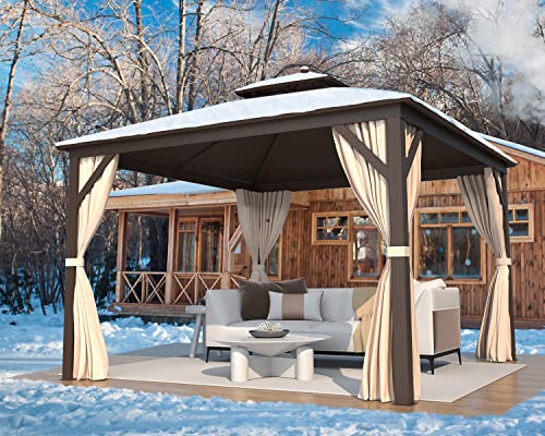 MELLCOM 12'x16' Hardtop Gazebo, Galvanized Steel Metal Double Roof Canopy with Curtains and Netting, Brown Permanent Pavilion Gazebos with Aluminum Frame for Garden, Patio, Lawns, Deck