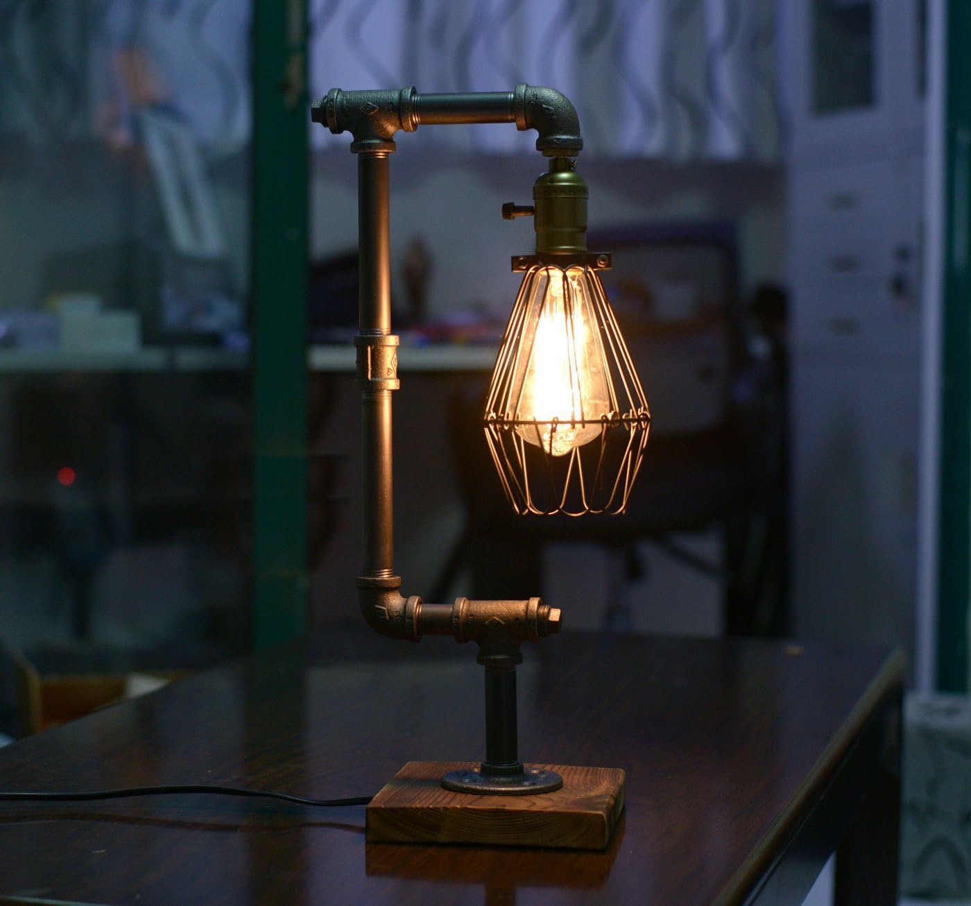 Bird Cage Designer Steampunk Water Piping Desk Top Table Lamp Real Wood Base Rustic Home Deco Steam Punk Industrial Loft Interior Design Bedside Minimalist Victorian Edison Iron Retro Lighting Lamps