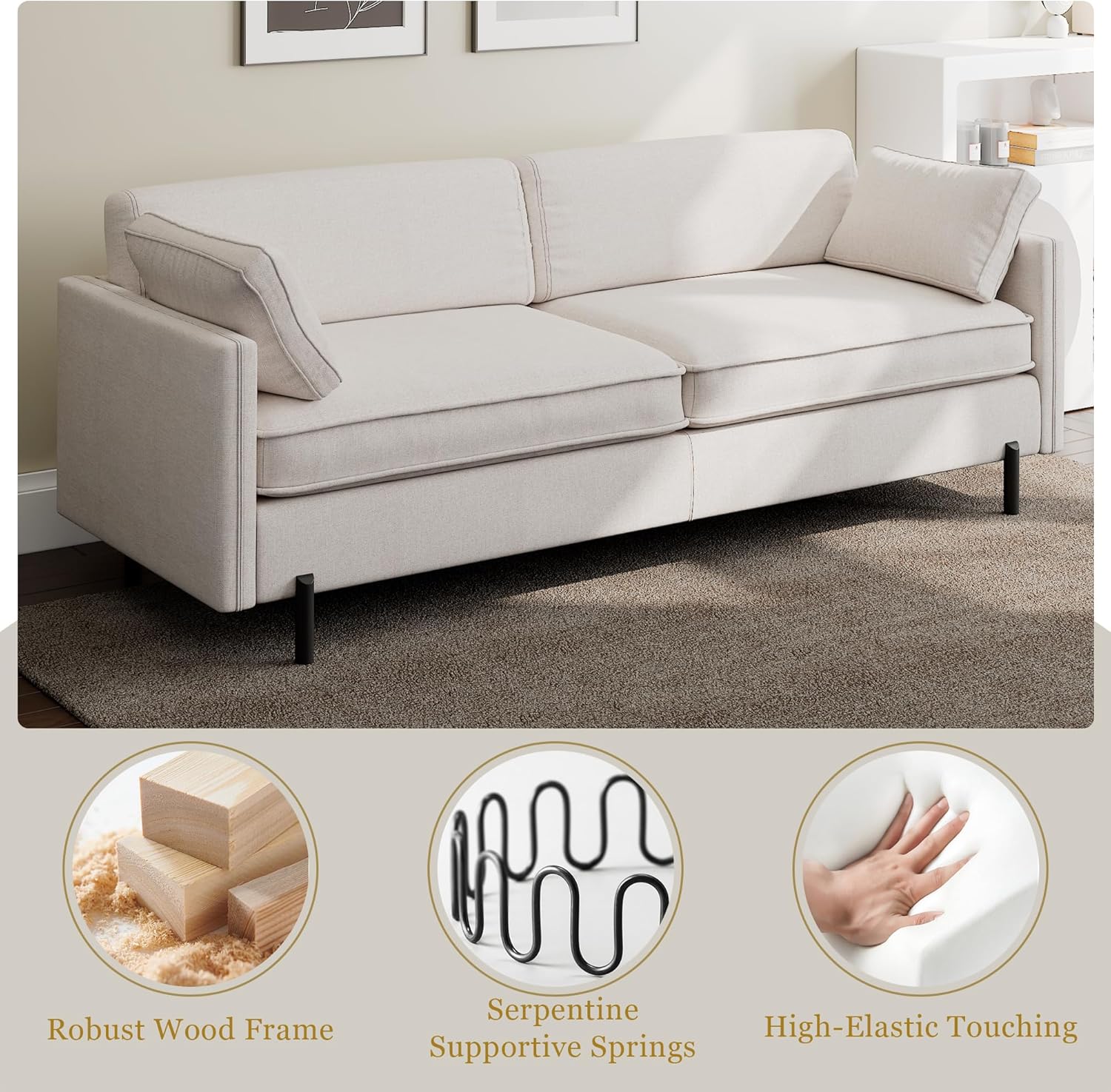 79" Comfy Sofa with 2 Pillow, Modern 3 Seater Linen Sofa Couch, Solid Wood Frame & Metal Legs, Perfect for Living Room, Bedroom, for Small Space, Sturdy & Durable, Easy Assembly, Beige
