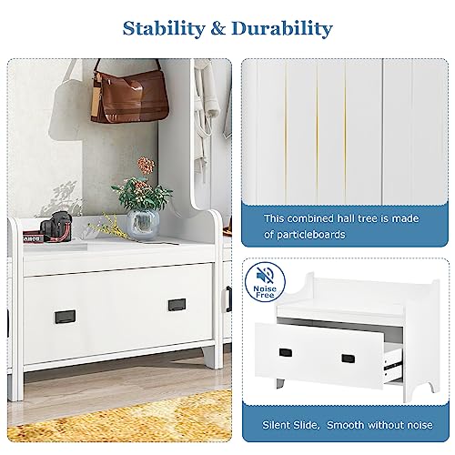 Hall Tree with Bench and Shoe Storage, White Entryway Bench with 7 Coat Rack, 4 Cabinet, 1 Drawer and Open Shelves, Large Mudroom Bench with Shoe Storage and Hooks for Hallway, Entry Way