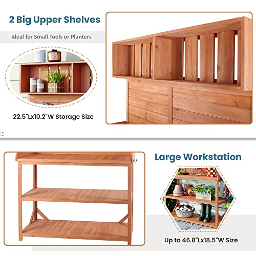 Outdoor Wooden Potting Bench Table – Farmhouse Garden Workstation with Drawers, Cabinet & Storage Shelves, Large Fir Wood Work Table for Patio, Backyard, Mudroom, Greenhouse (Light Brown, 66''H)