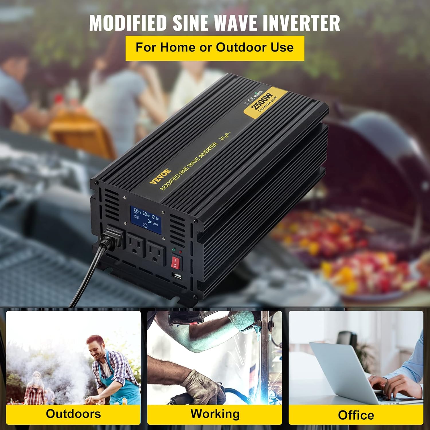 VEVOR Power Inverter, 2500W Modified Sine Wave Inverter, DC 12V to AC 120V Car Converter, with LCD Display, Remote Controller, LED Indicator, AC Outlets Inverter for Truck RV Car Boat Travel Camping
