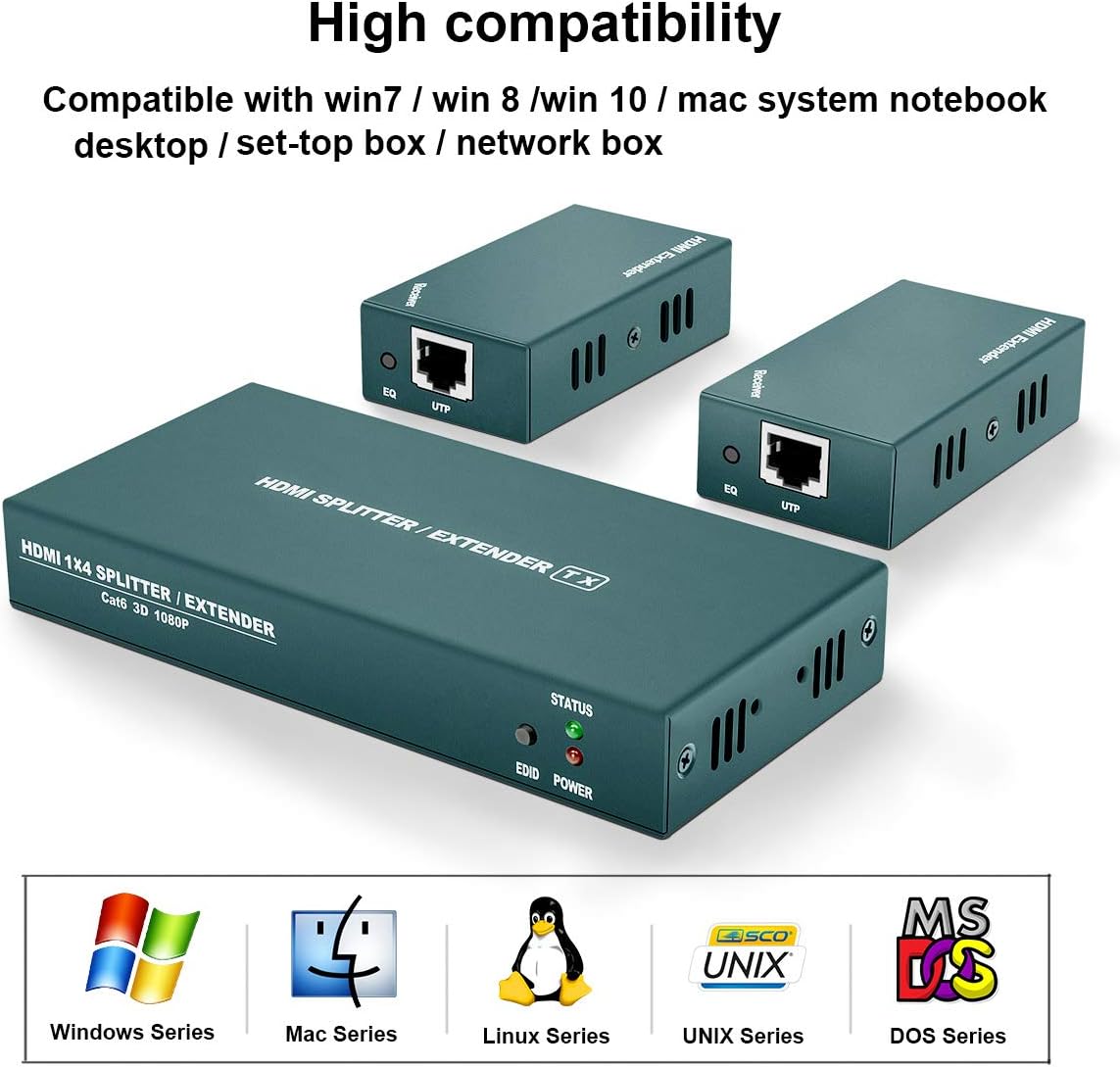 HDMI Extender Splitter 1x2, HD1080P@60Hz & 3D Visual, Extending 165ft (50m) Length Transmission Over CAT5e/CAT6/CAT7 Cable, 2 Channel Transmission with 2 HDMI Loop Out Pack of 2