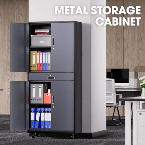 DNA MOTORING 71'' Metal Storage Cabinet, Locking Tool Cabinet with 1 Drawer and Adjustable Shelves, Lockable Heavy Duty Metal Locker for Garage,Office,Home,Gym, Gray, TOOLS-00629-GY-GY-A