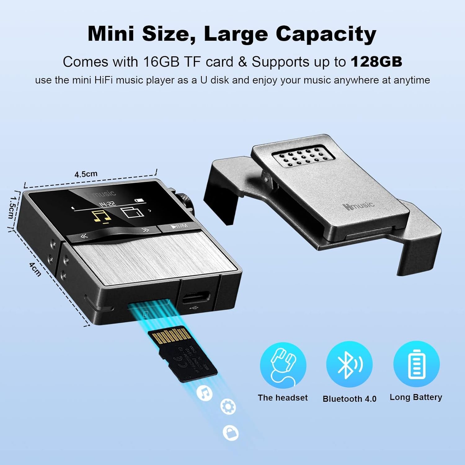 Hmusic P68 HiFi MP3 Player with Clip, Lossless DSD High Resolution Music Player Bluetooth, Portable Hi-Res Audio Player with 16GB Memory Card, Support up to 128GB Hifi Music Player for Sport, Running