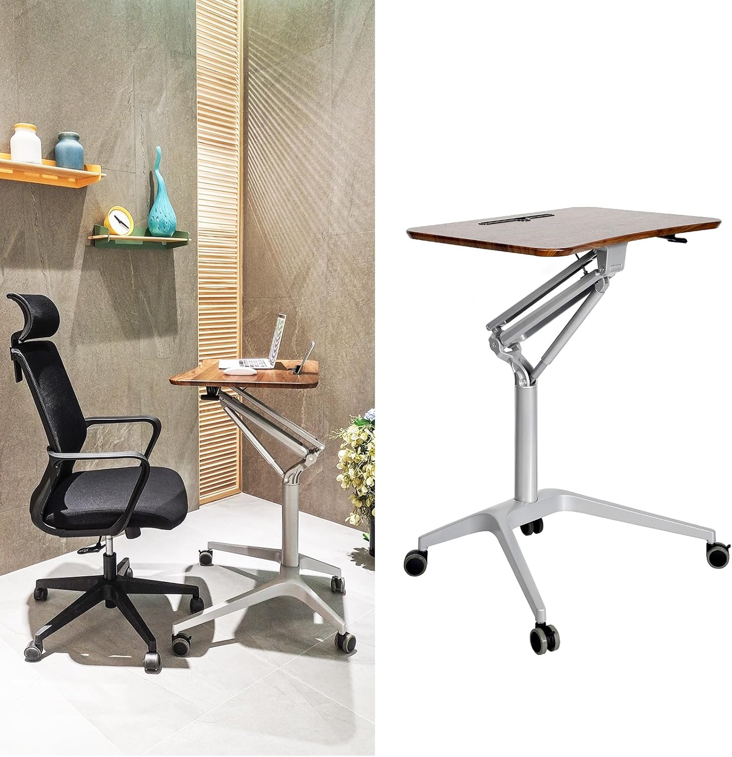 Standing Desk Adjustable Height Small Rolling Laptop Stand Desk,41.9in Standing or Sitting Computer Workstation with Wheels for Home Office Bedside Laptop Cart
