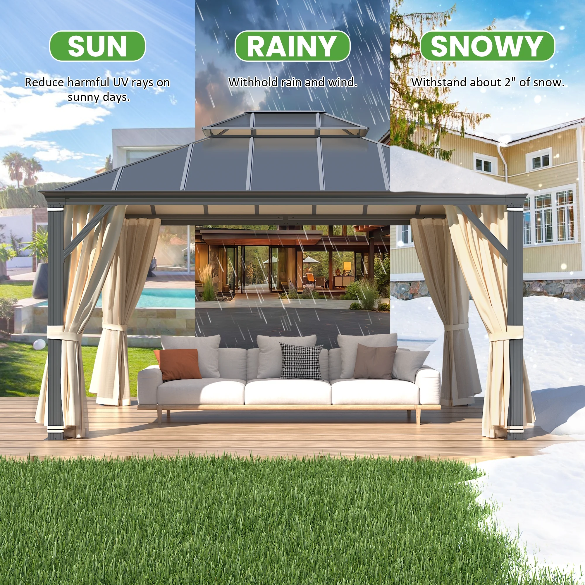 Richryce 12'x14' Hardtop Gazebo Patio Furniture, Aluminum Frame Double Roof, Privacy Curtains and Premium Net for Patio Lawn and Garden