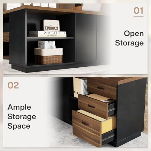 Tribesigns L-Shaped Executive Desk, 78" Modern Office Desk with Drawers and Lateral File Cabinet, Large Computer Desk with Storage Shelves, Workstation for Home Office (Walnut + Black)
