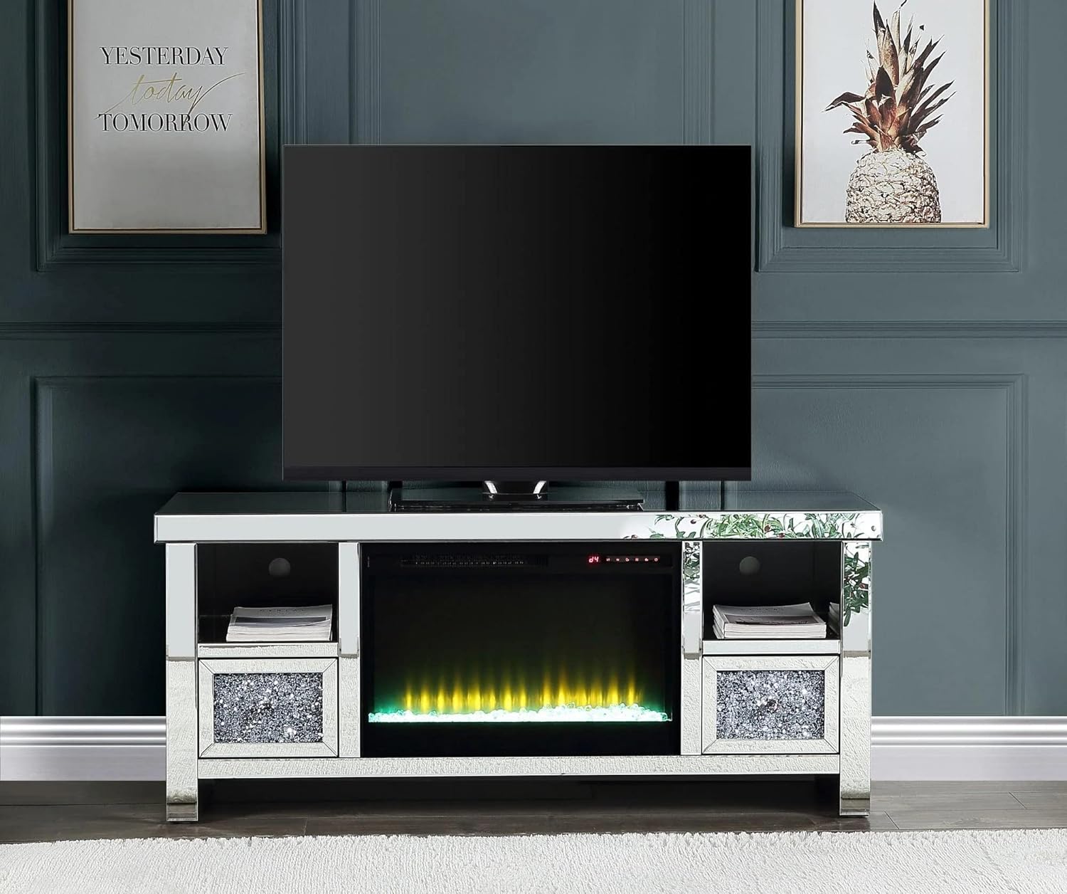 Acme Noralie Glass Fireplace TV Stand for TVs Upto 60" in Mirrored/Faux Diamonds